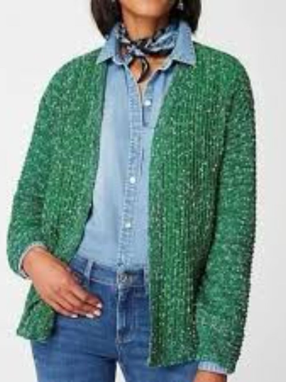 J. Jill Women Bouclé Open-Front Cardigan Balloon sleeve L Knit Sweater Green